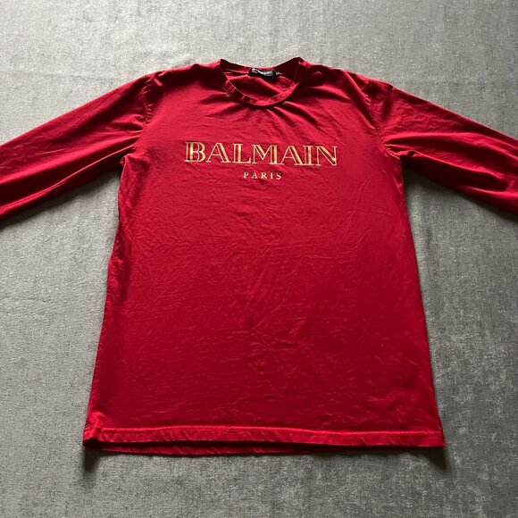 Balmain Paris Long Sleeve Shirt Men Size Large Red Logo Fashion - Picture 1 of 7